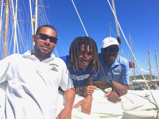 Watchleaders on Spirit of Bermuda: L-R - Patrick Perret, Dkembe Outerbridge-Dill and Lamar Samuels - Antigua Sailing Week ©  Louay Habib